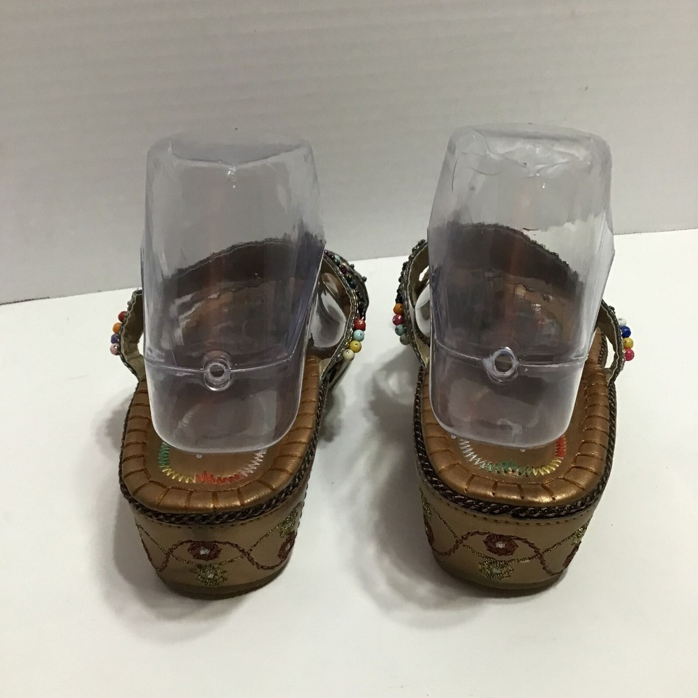 John Fashion Bronze Beaded Wedge Sandal Boho T-Strap Flip Flop Multi Color Beads - Picture 4 of 9